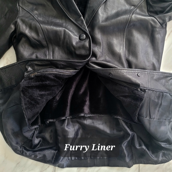 Black Leather Coat with Fuzzy Liner - Picture 6 of 7